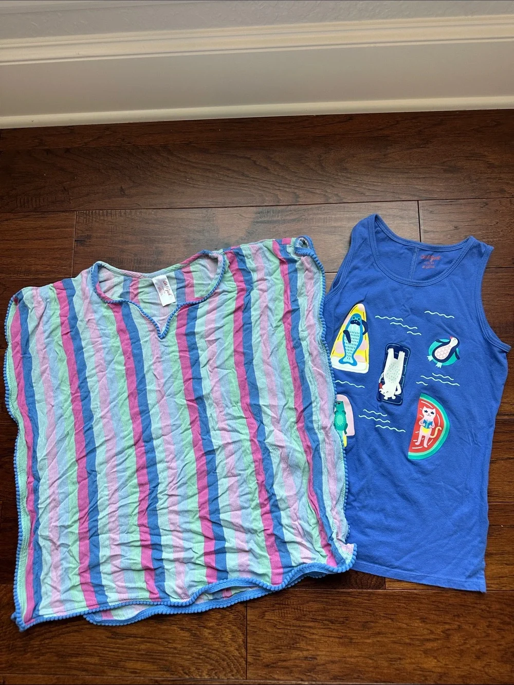 Girls Blue Tank Top & Striped Swim Cover-Up Set - Blue, Pink, Mint